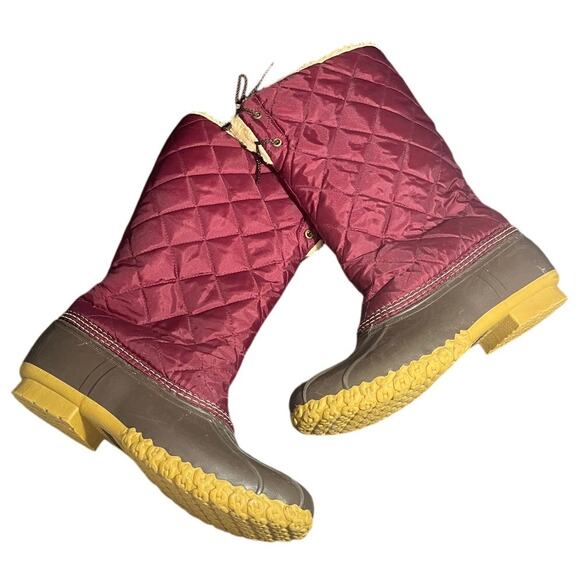 LL Bean Burgundy Nylon Shearling Lined Quilted Waterproof Duck Boots Size 9 - Picture 1 of 6